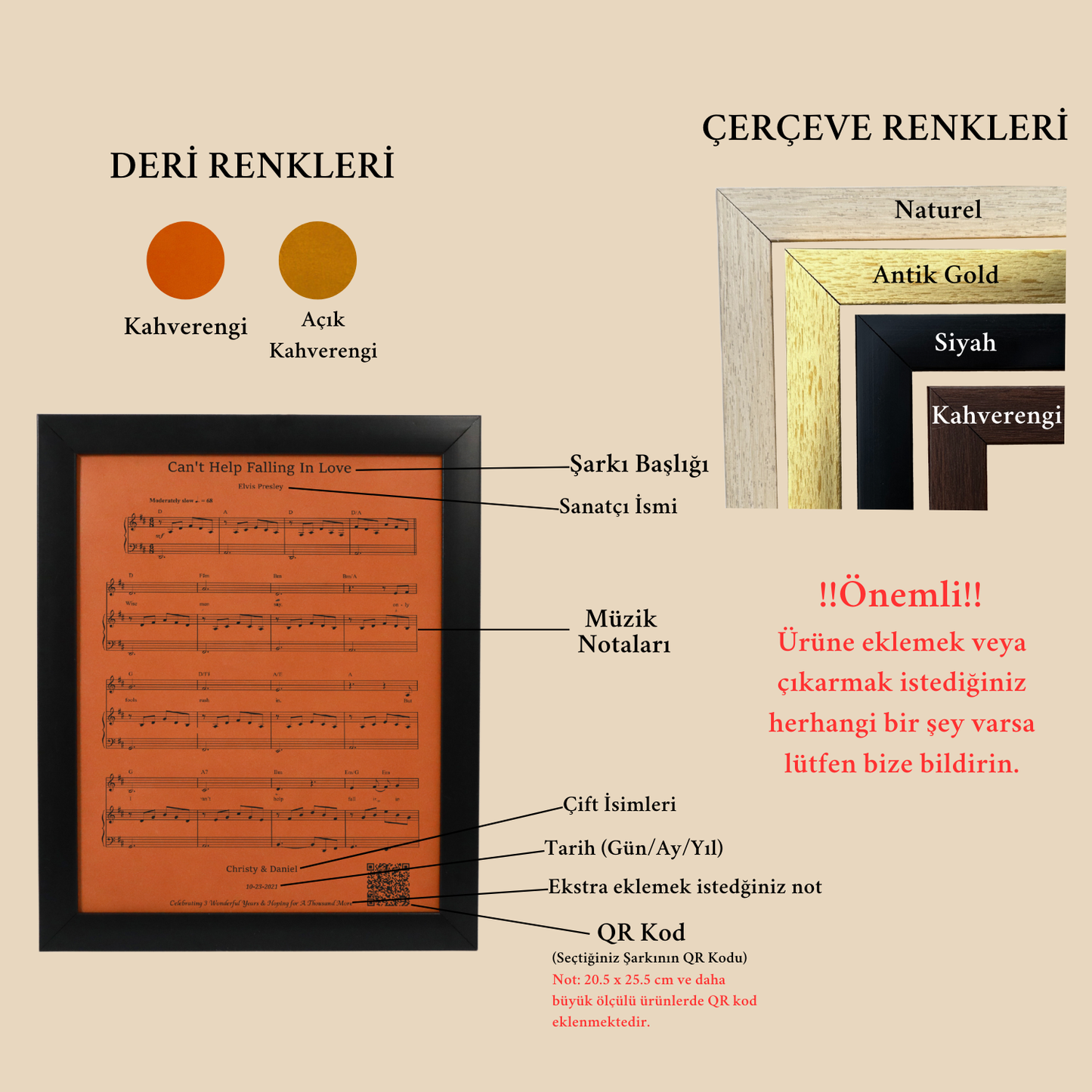 Kişiye Özel Müzik Notalı Deri Tablo – Seçtiğiniz Şarkı, İsim & Tarihli Özel Çerçeve