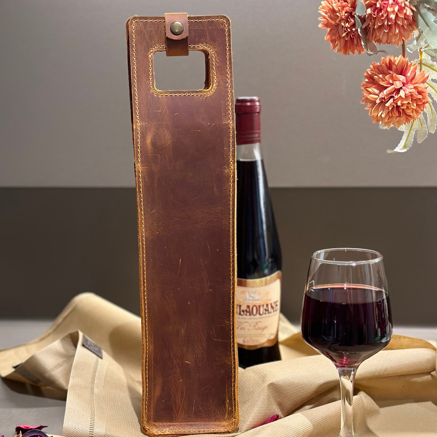 Hakiki Deri Şarap Kılıfı – Full Grain Crazy Deri Kişiye Özel Şarap Taşıma Kılıfı