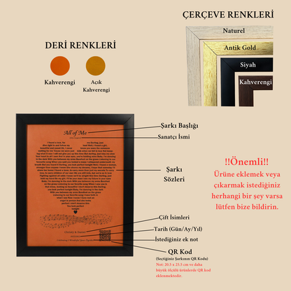Kişiye Özel Kalp Şeklinde Şarkı Sözlü Deri Tablo – İsimli & Tarihli Özel Tasarım Müzik Çerçevesi