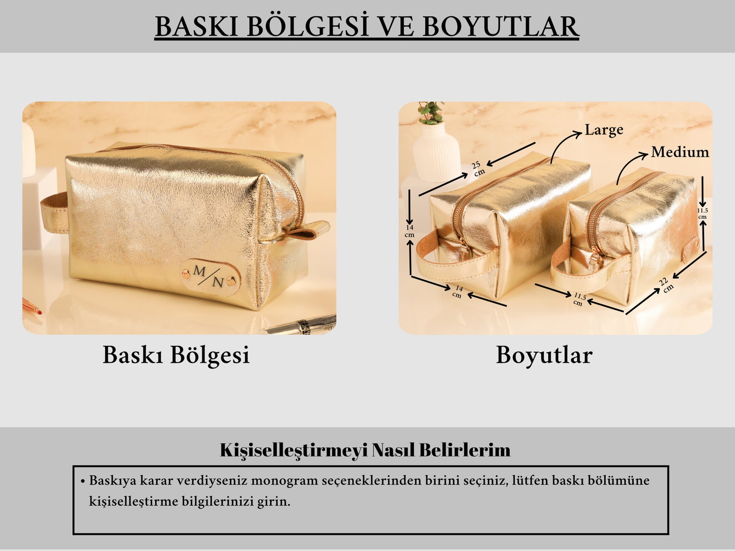 Kişiye Özel Gold Renkli Hakiki Deri Makyaj Çantası – İsim Yazılı Şık Kozmetik Organizer