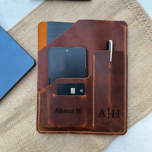 A5 Deri Organizer Portföy – El Yapımı Minimal Deri Padfolio | Telefon & Kart Bölmeli Ofis Dosyası