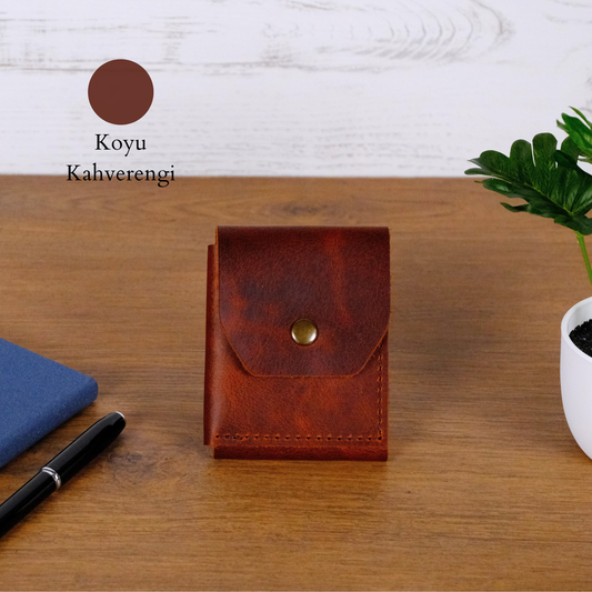 El Yapımı Hakiki Deri Erkek Cüzdan, Çıtçıtlı Minimal Tasarım Kartlık Para Bölmeli, İsim Baskılı
