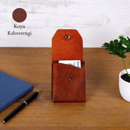 El Yapımı Hakiki Deri Erkek Cüzdan, Çıtçıtlı Minimal Tasarım Kartlık Para Bölmeli, İsim Baskılı