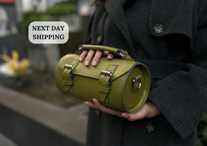 Hakiki Deri Kadın El Çantası – El Yapımı Silindirik Tasarım Premium Çanta