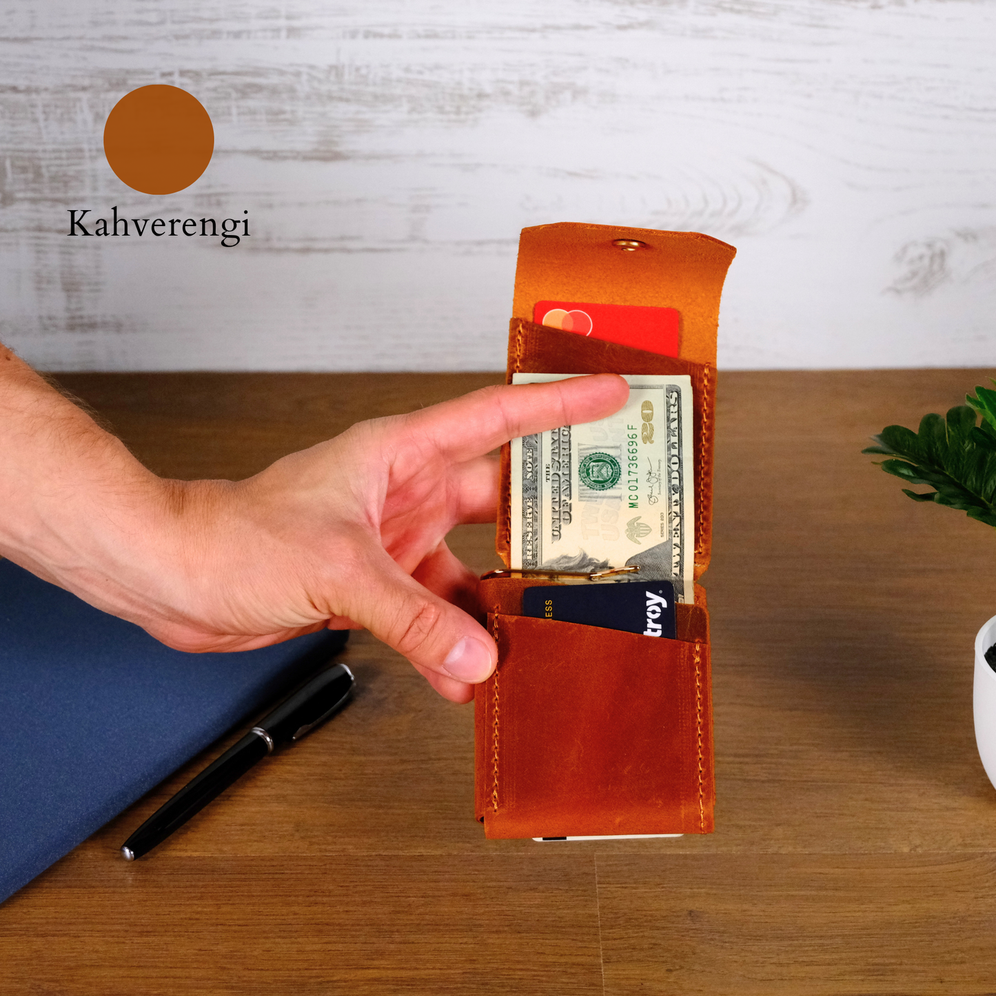 El Yapımı Hakiki Deri Para Klipsli Erkek Cüzdan, Çıtçıtlı Minimal Tasarım Kartlık Para Bölmeli, İsim Baskılı