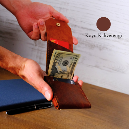 El Yapımı Hakiki Deri Para Klipsli Erkek Cüzdan, Çıtçıtlı Minimal Tasarım Kartlık Para Bölmeli, İsim Baskılı
