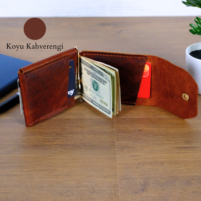 El Yapımı Hakiki Deri Para Klipsli Erkek Cüzdan, Çıtçıtlı Minimal Tasarım Kartlık Para Bölmeli, İsim Baskılı