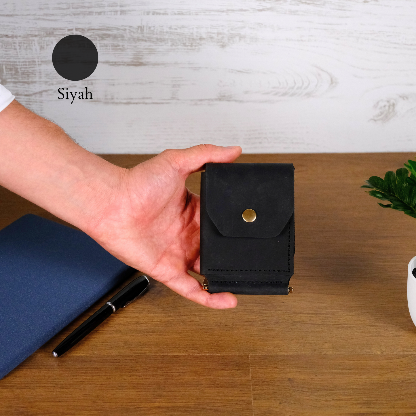 El Yapımı Hakiki Deri Para Klipsli Erkek Cüzdan, Çıtçıtlı Minimal Tasarım Kartlık Para Bölmeli, İsim Baskılı