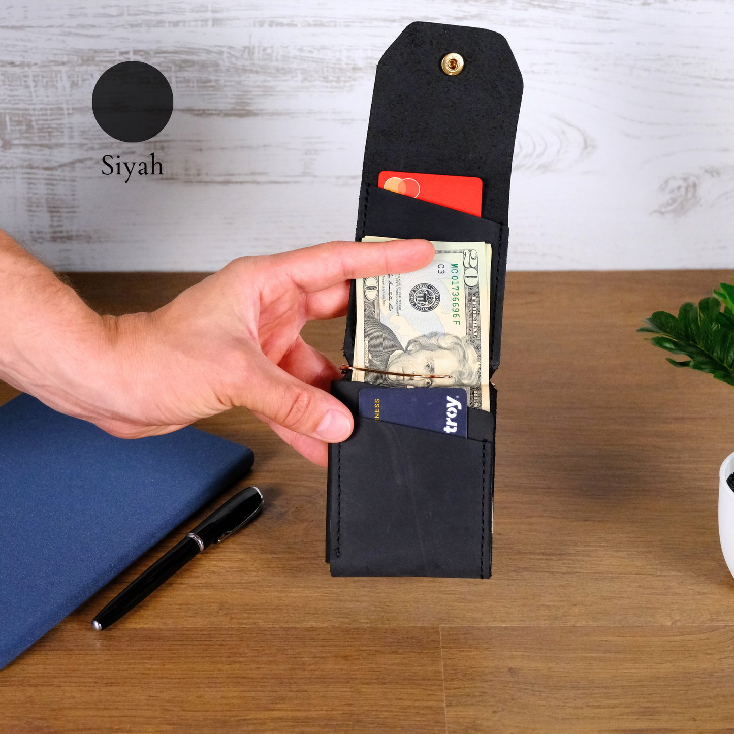El Yapımı Hakiki Deri Para Klipsli Erkek Cüzdan, Çıtçıtlı Minimal Tasarım Kartlık Para Bölmeli, İsim Baskılı