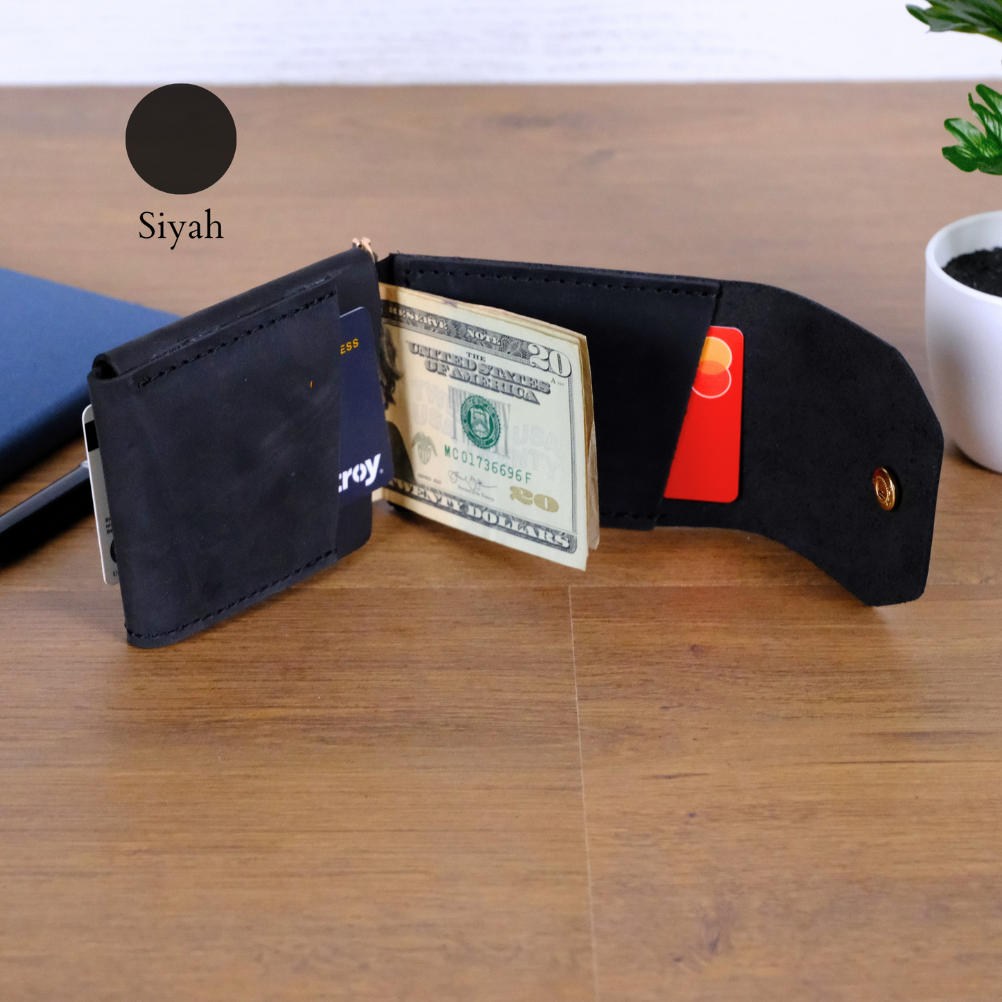El Yapımı Hakiki Deri Para Klipsli Erkek Cüzdan, Çıtçıtlı Minimal Tasarım Kartlık Para Bölmeli, İsim Baskılı