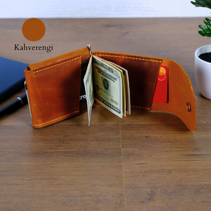 El Yapımı Hakiki Deri Para Klipsli Erkek Cüzdan, Çıtçıtlı Minimal Tasarım Kartlık Para Bölmeli, İsim Baskılı