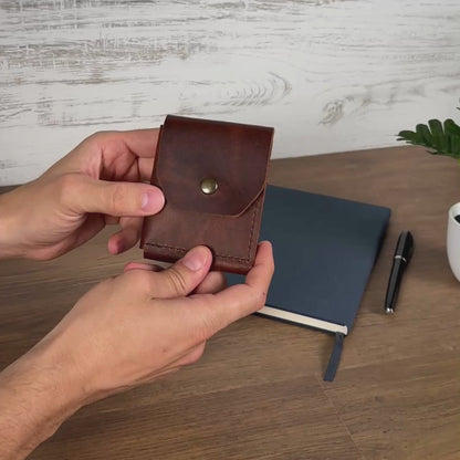 El Yapımı Hakiki Deri Erkek Cüzdan, Çıtçıtlı Minimal Tasarım Kartlık Para Bölmeli, İsim Baskılı